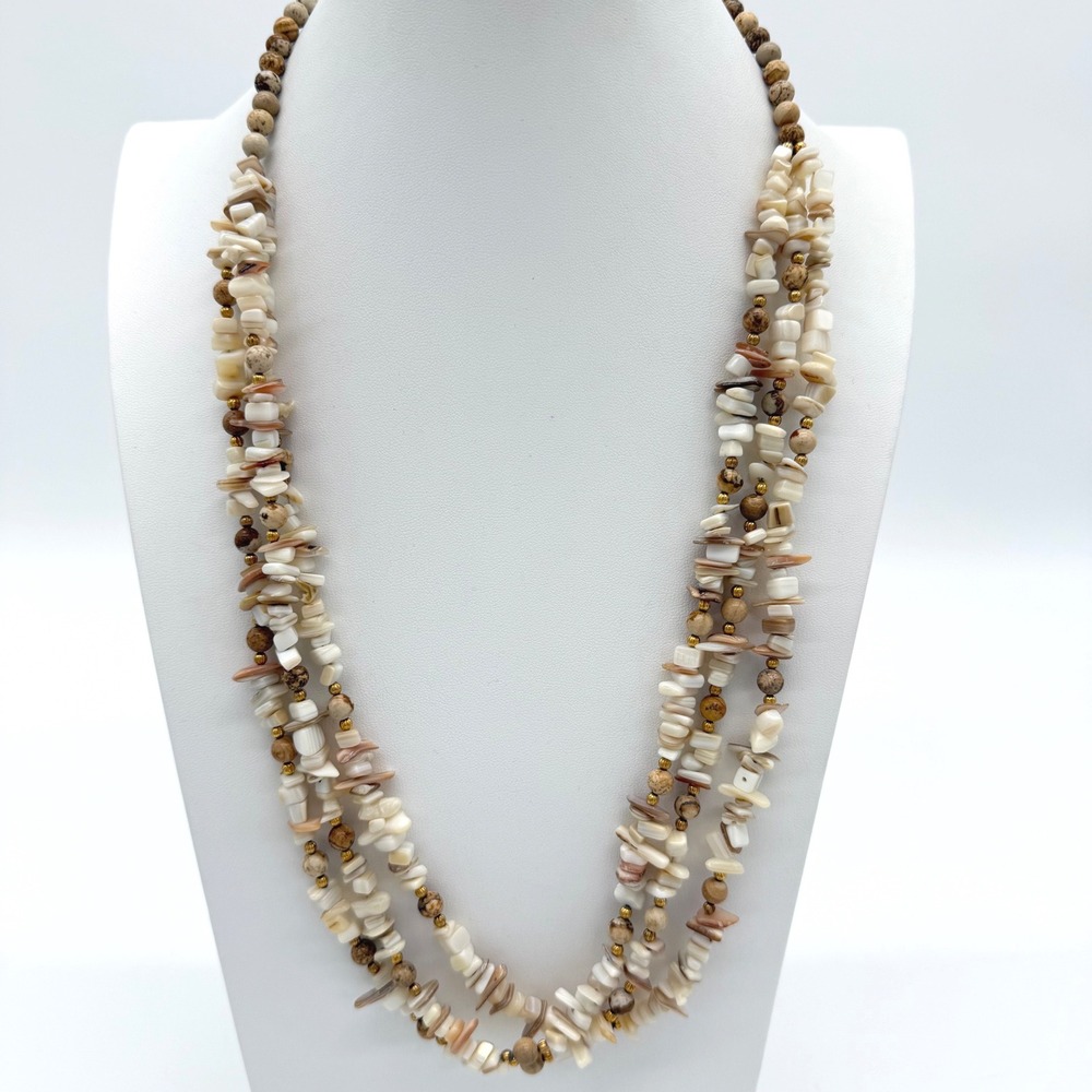 Vintage Multi Strand Shell Chip Necklace Natural Stone Beaded Beach Boho